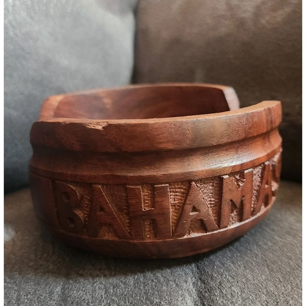 Vintage Hand Carved Wood Bahamas Souvenir Coaster Holder Inlay Tropical Decor